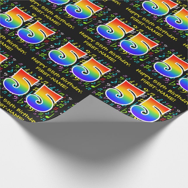 55. Geburtstag: Farbige Musiksymbole, Regenbogen 5 Geschenkpapier (Ecke)