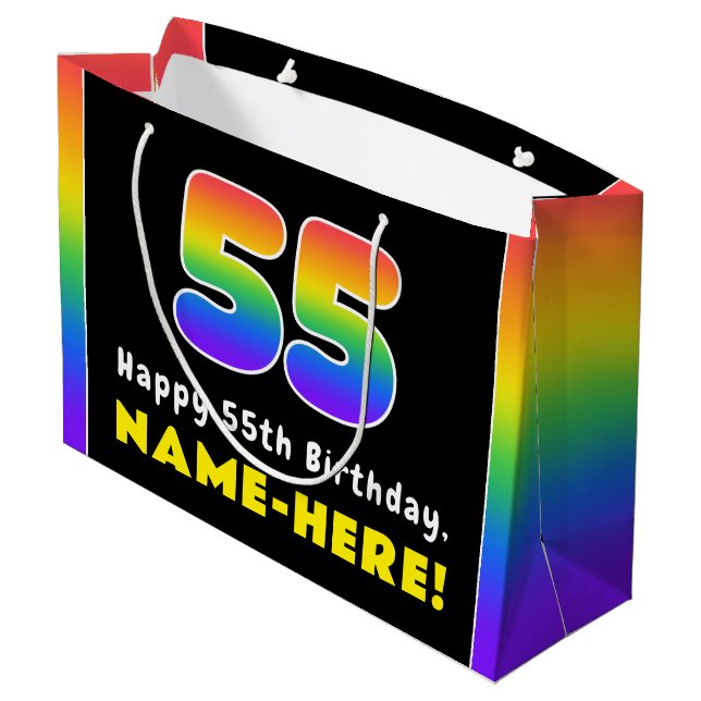 55. Geburtstag: Farbiger Regenbogen # 55, Individu Große Geschenktüte (Rückseite Schrägansicht)