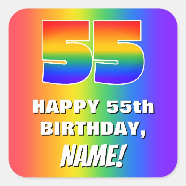 55. Geburtstag: Farbiges, lustiges Regenbogenmuste Quadratischer Aufkleber (Vorderseite)