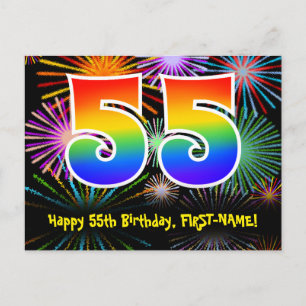 55. Geburtstag - Fun Fireworks Pattern + Rainbow 5 Postkarte