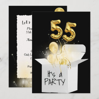 55. Geburtstag Gold Ballons in weißer Box Einladung
