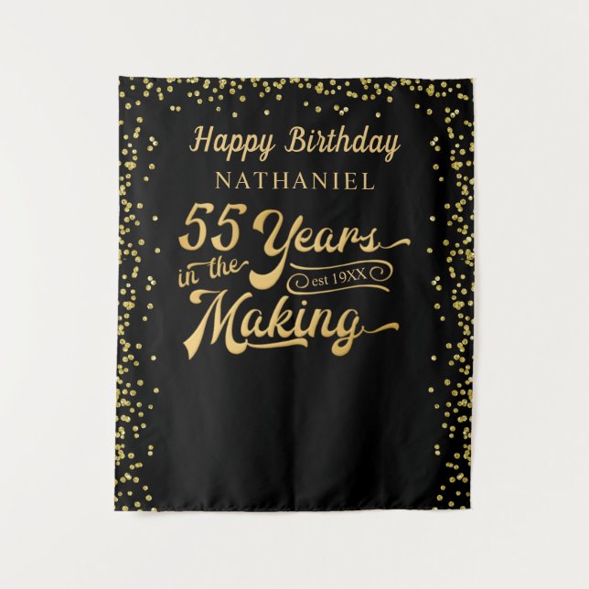 55. Geburtstag Hintergrund Black Gold Confetti Wandteppich (Vorderseite)
