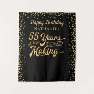 55. Geburtstag Hintergrund Schwarz Gold Konfetti Wandteppich