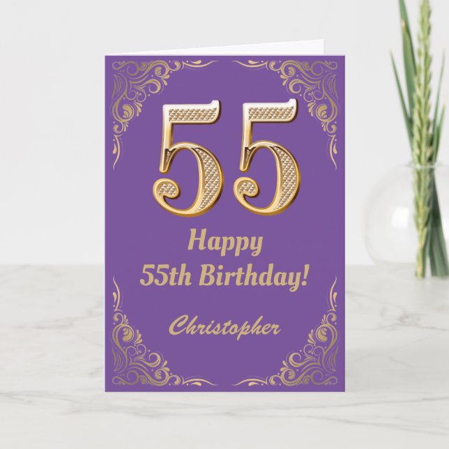 55. Geburtstag Lila und Gold Glitzer Frame Karte (Vorderseite)