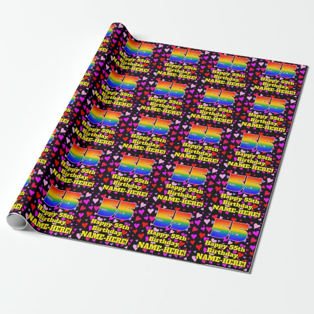 55. Geburtstag: Loving Hearts Pattern, Regenbogen  Geschenkpapier (Ungerollt)