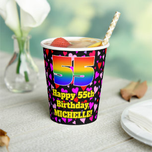 55. Geburtstag: Loving Hearts Pattern, Regenbogen  Pappbecher