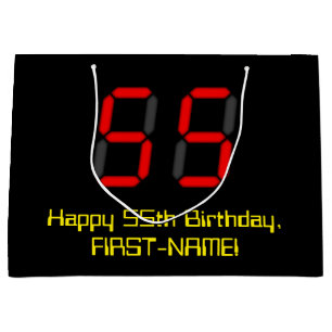 55. Geburtstag: Red Digital Clock Style "55" + Nam Große Geschenktüte