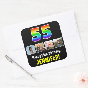 55. Geburtstag: Regenbogen "55"; kundenspezifische Quadratischer Aufkleber