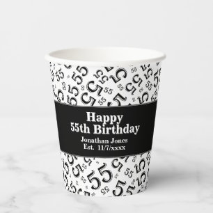 55. Geburtstag Schwarz/Weiß Random Zahlenmuster 5 Pappbecher