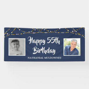 55. Geburtstag String Lights Foto Name Blau Banner