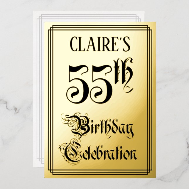 55. Geburtstagsparty — Elegantes Script + Individu Folieneinladung (Vorderseite/Rückseite)