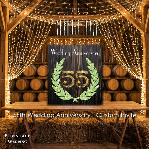 55. Hochzeitstag   Smaragd, rustikales Holz & Gold Einladung