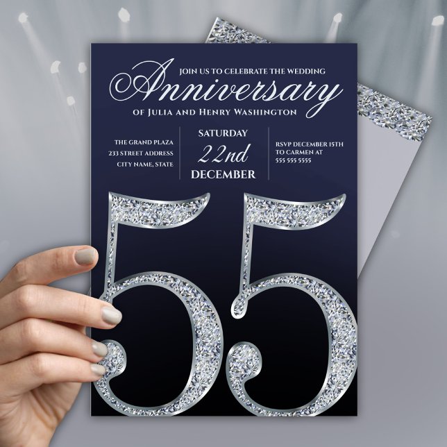 55. Jubiläum Diamant Silber Navy Blau Modern Einladung (Von Creator hochgeladen)