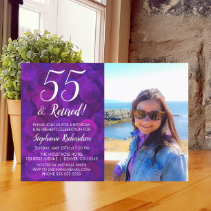 55 und Ruhestand Elegant Lila Geburtstag Ruhestand Einladung
