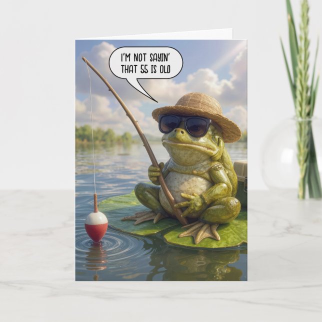 55th Birthday Frog Fishing on Lily Pad Karte (Vorderseite)