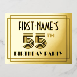 55th Birthday Party Art Deco Style "55" + Name Folie Einladungspostkarte
