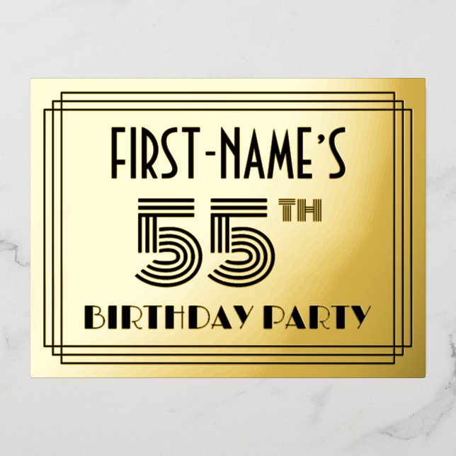 55th Birthday Party Art Deco Style "55" + Name Folie Einladungspostkarte (Vorderseite)