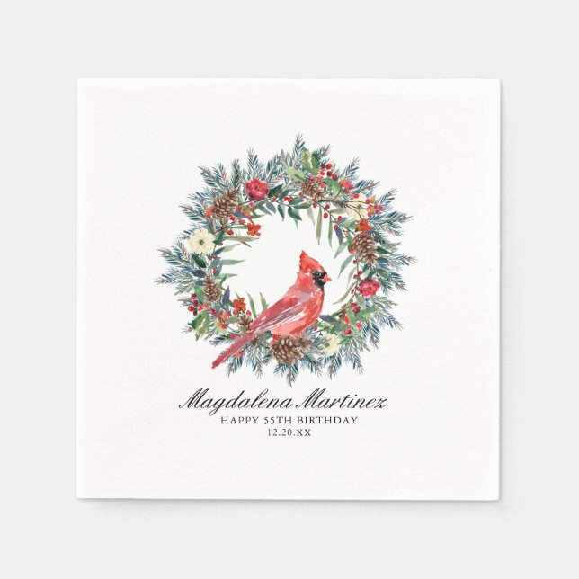55th Birthday Red Cardinal Wreath Custom Cocktail Serviette (Vorderseite)