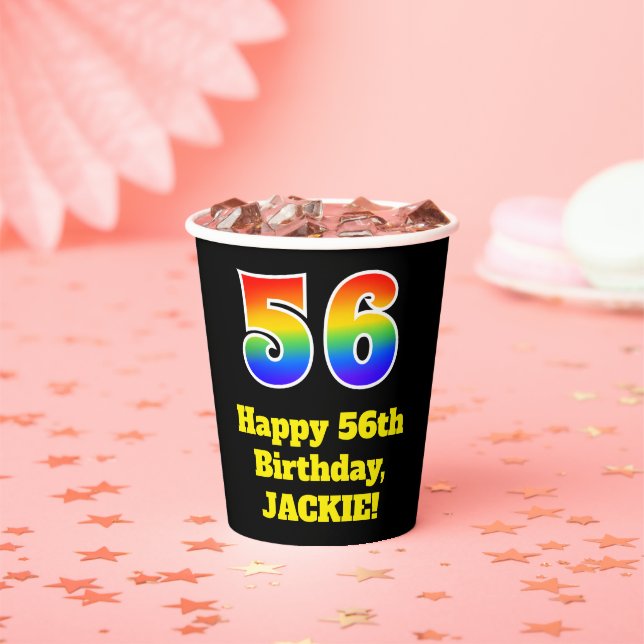 56. Geburtstag: Bunt, Spaß, Spannung, Regenbogen 5 Pappbecher (Insitu)