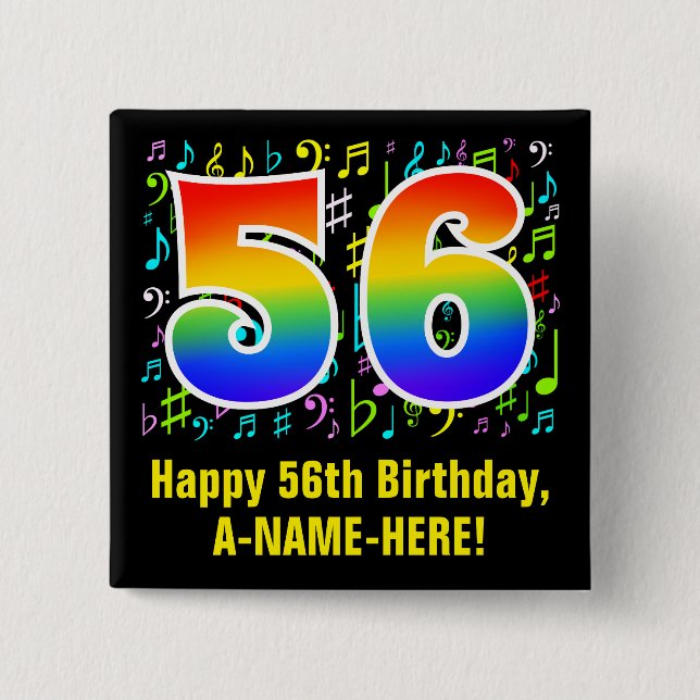 56. Geburtstag: Farbige Musiksymbole, Regenbogen 5 Button (Vorderseite)