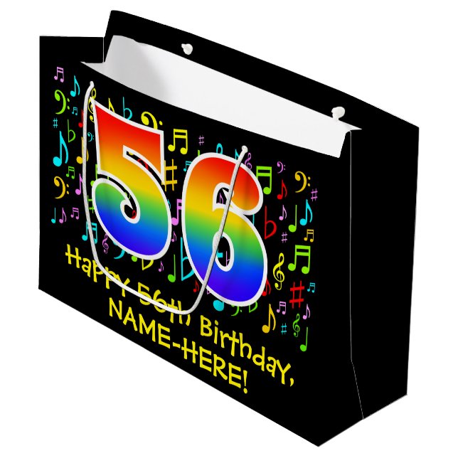 56. Geburtstag - Farbige Musiksymbole, Regenbogen  Große Geschenktüte (Vorderseite Schrägansicht)