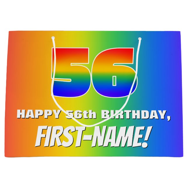 56. Geburtstag: Farbiges, lustiges Regenbogenmuste Große Geschenktüte (Vorderseite)