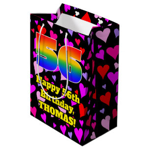 56. Geburtstag: Loving Hearts Pattern, Regenbogen  Mittlere Geschenktüte