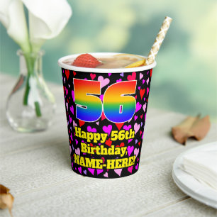 56. Geburtstag: Loving Hearts Pattern, Regenbogen  Pappbecher