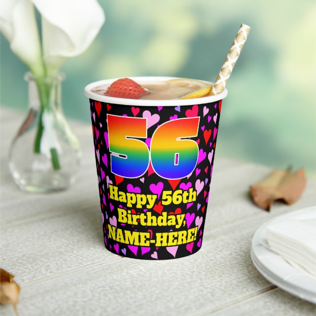 56. Geburtstag: Loving Hearts Pattern, Regenbogen  Pappbecher (In Situ)