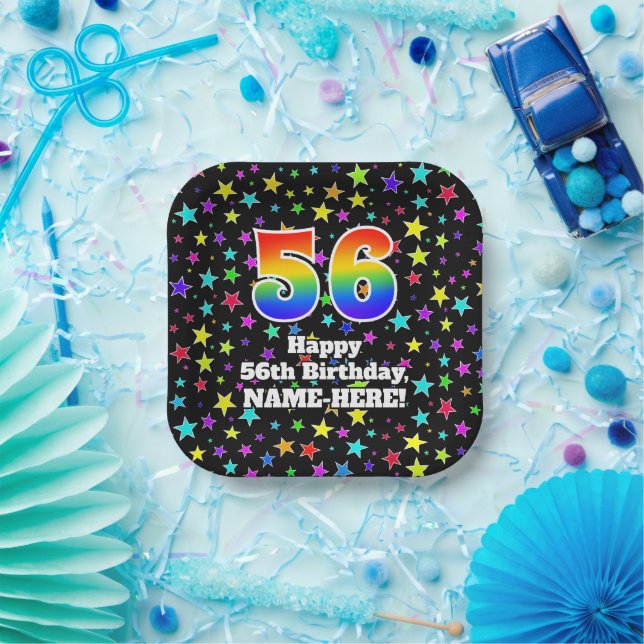 56th Birthday: Fun Stars Pattern and Rainbow “56” Pappteller (Party)