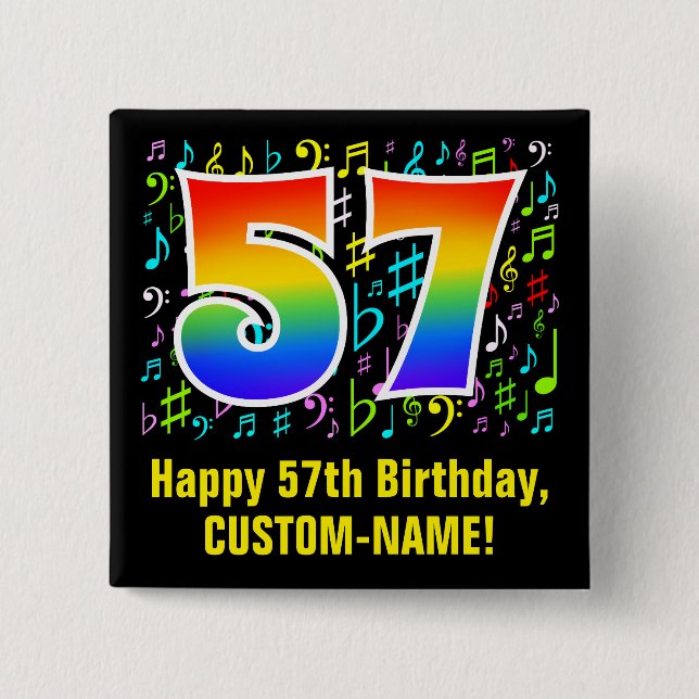 57. Geburtstag: Farbige Musiksymbole, Regenbogen 5 Button (Vorderseite)