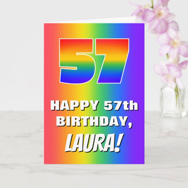 57. Geburtstag: Farbiges, lustiges Regenbogenmuste Karte (Orchidee)