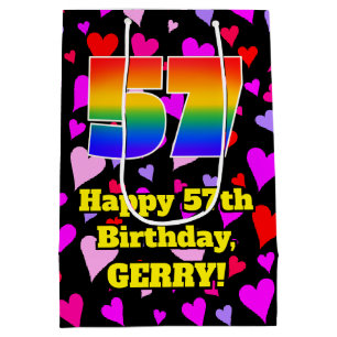 57. Geburtstag: Loving Hearts Pattern, Regenbogen Mittlere Geschenktüte