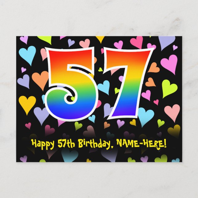 57. Geburtstag: Lustiges Herzen-Muster, Regenbogen Postkarte (Vorderseite)