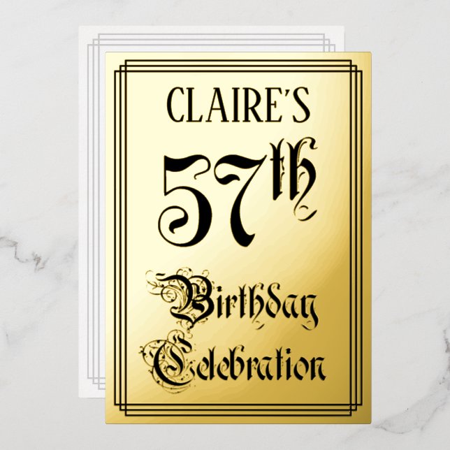 57. Geburtstagsparty — Elegantes Script + Individu Folieneinladung (Vorderseite/Rückseite)