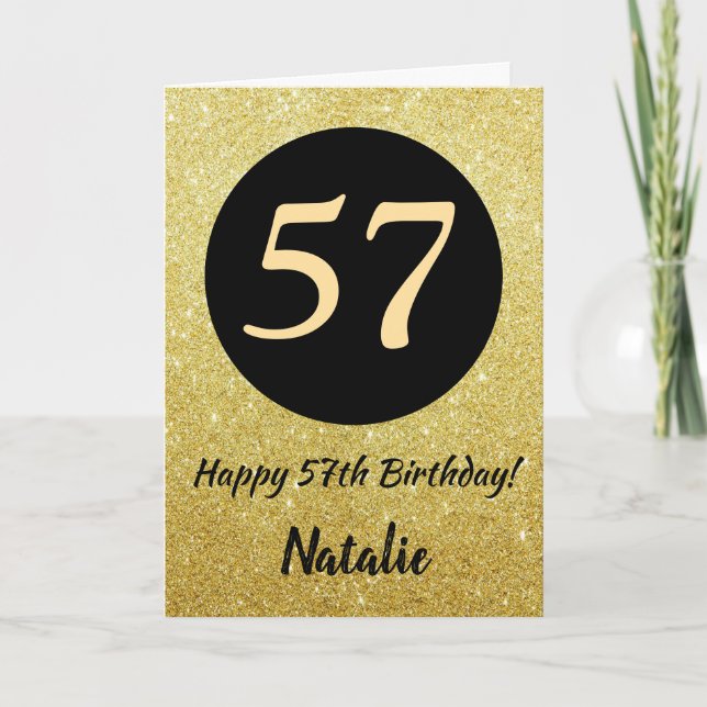 57. Happy Birthday Black and Gold Glitzer Card Karte (Vorderseite)