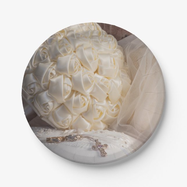 5882-Bouquet mit Rings, Veil & Cross Pappteller (Vorderseite)