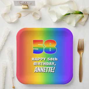 58. Geburtstag: Farbiges, lustiges Regenbogenmuste Pappteller