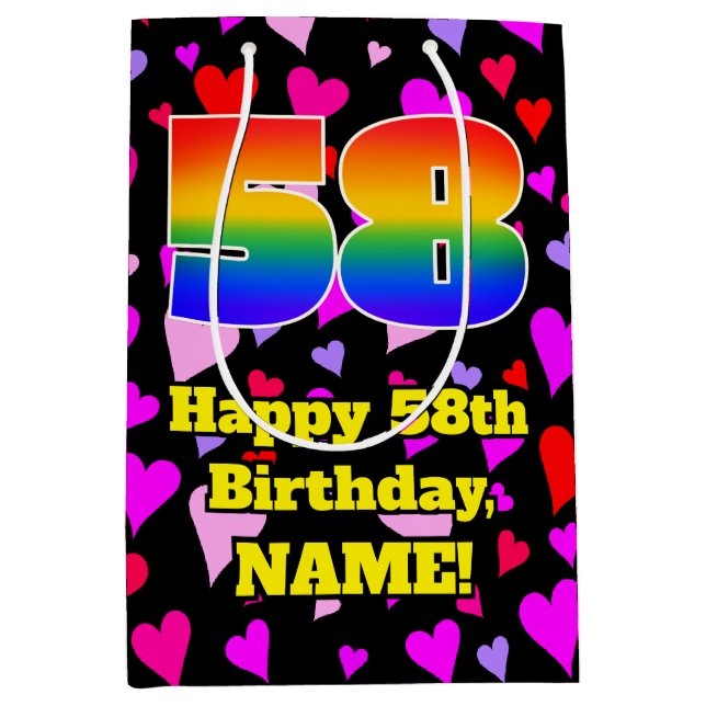 58. Geburtstag: Loving Hearts Pattern, Regenbogen  Mittlere Geschenktüte (Vorderseite)