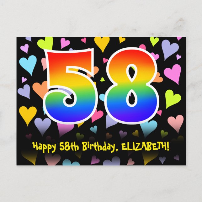58. Geburtstag: Lustiges Herzen-Muster, Regenbogen Postkarte (Vorderseite)