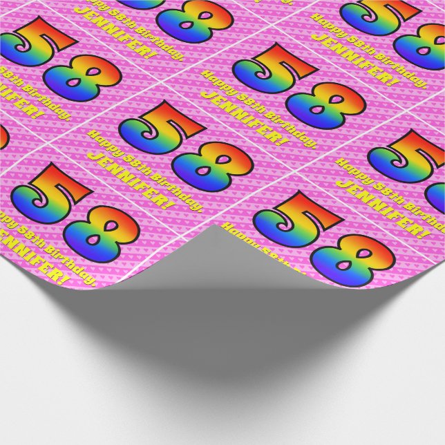58. Geburtstag: Rosa Streifen & Herz, Regenbogen # Geschenkpapier (Ecke)