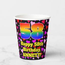 58th Birthday: Loving Hearts Pattern, Rainbow 58 Pappbecher