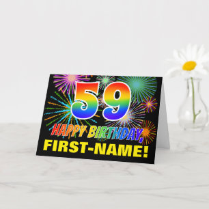 59. Geburtstag: Kühn, Lustig, Feuerwerk, Regenboge Karte