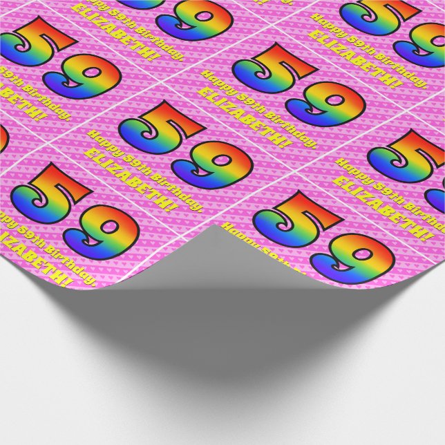 59. Geburtstag: Rosa Streifen & Herz, Regenbogen # Geschenkpapier (Ecke)