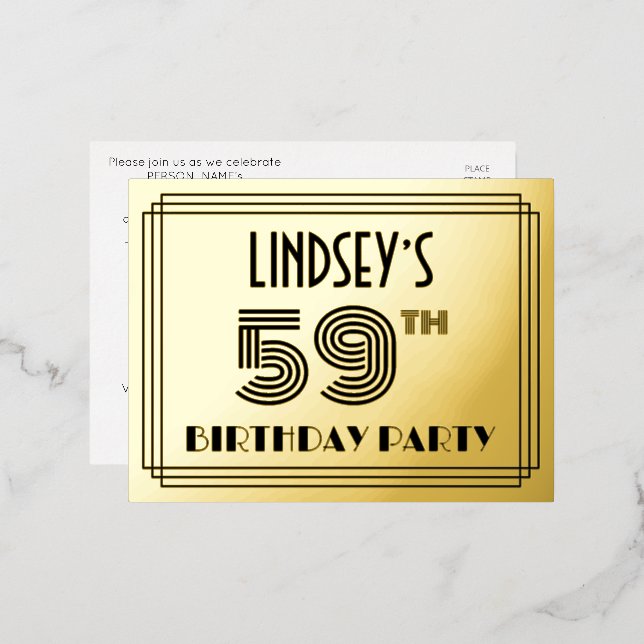 59th Birthday Party ~ Art Deco Style “59” + Name Folie Einladungspostkarte (Vorderseite/Rückseite)