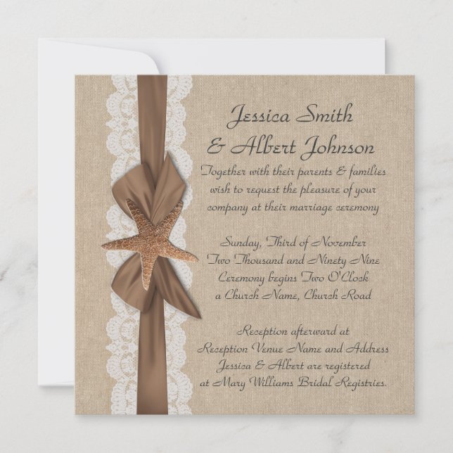 5,25"x 5,25" Eleganter Burlap Ribbon Starfish Einl Einladung (Vorderseite)