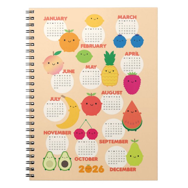 5 A Day Kawaii Fruits 2026 Kalender Notizblock (Vorderseite)