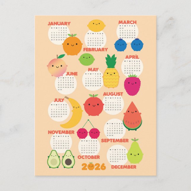 5 A Day Kawaii Fruits 2026 Kalender Postkarte (Vorderseite)