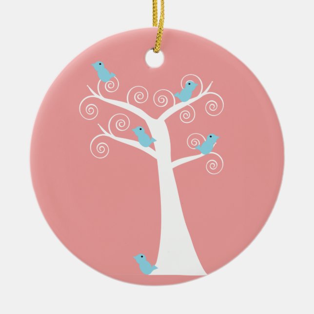 5 Blaue Vögel in einem Baum Keramikornament (Vorne)