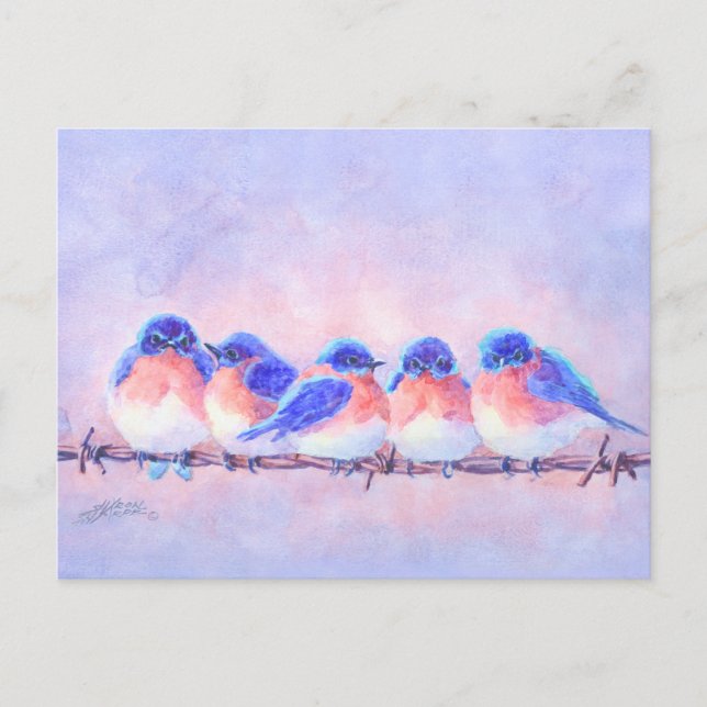 5 BLUEBIRDS AUF EINEM WIRT VON SHARON SHARPE POSTKARTE (Vorderseite)